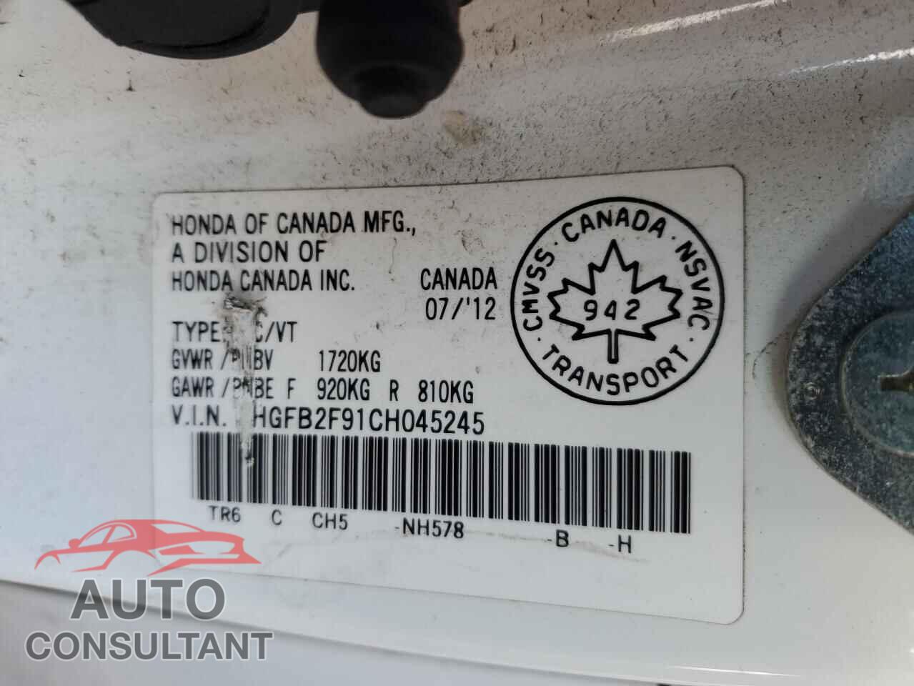 HONDA CIVIC 2012 - 2HGFB2F91CH045245