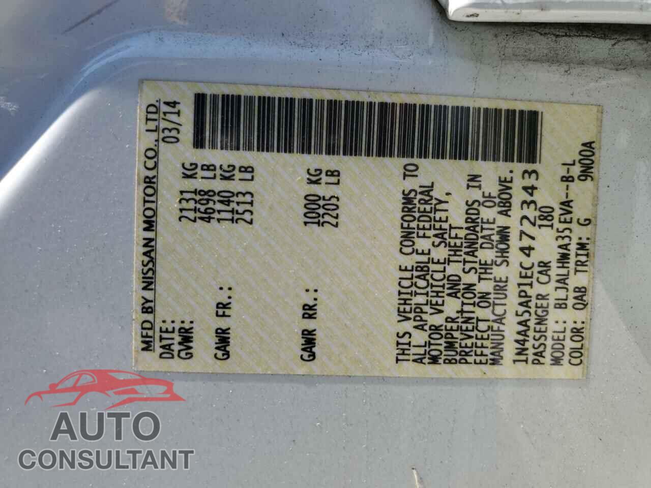NISSAN MAXIMA 2014 - 1N4AA5AP1EC472343