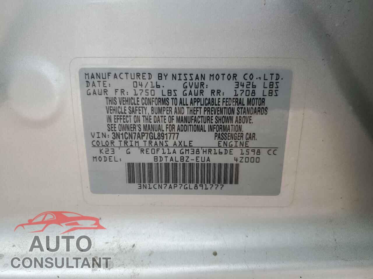 NISSAN VERSA 2016 - 3N1CN7AP7GL891777