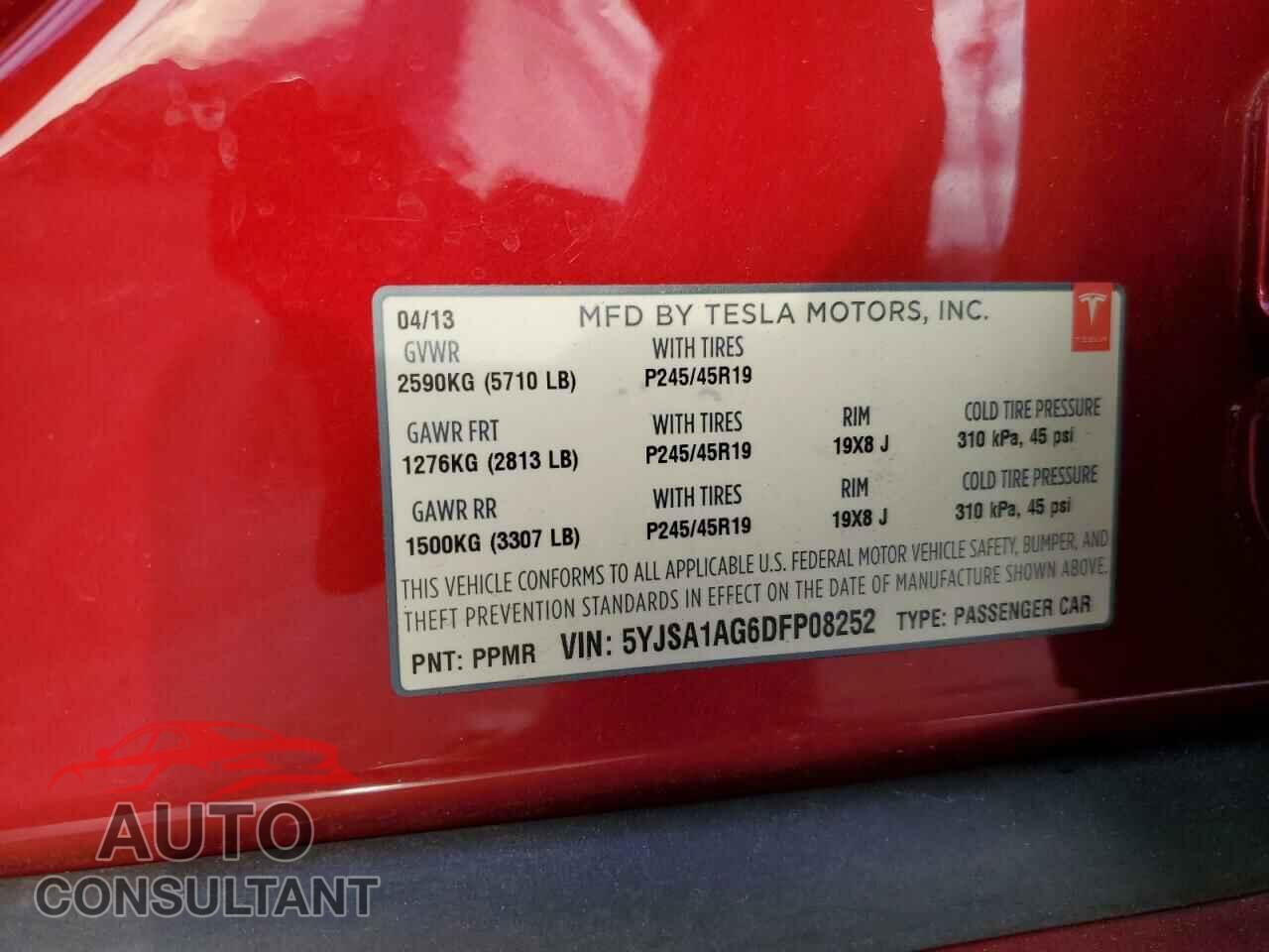 TESLA MODEL S 2013 - 5YJSA1AG6DFP08252