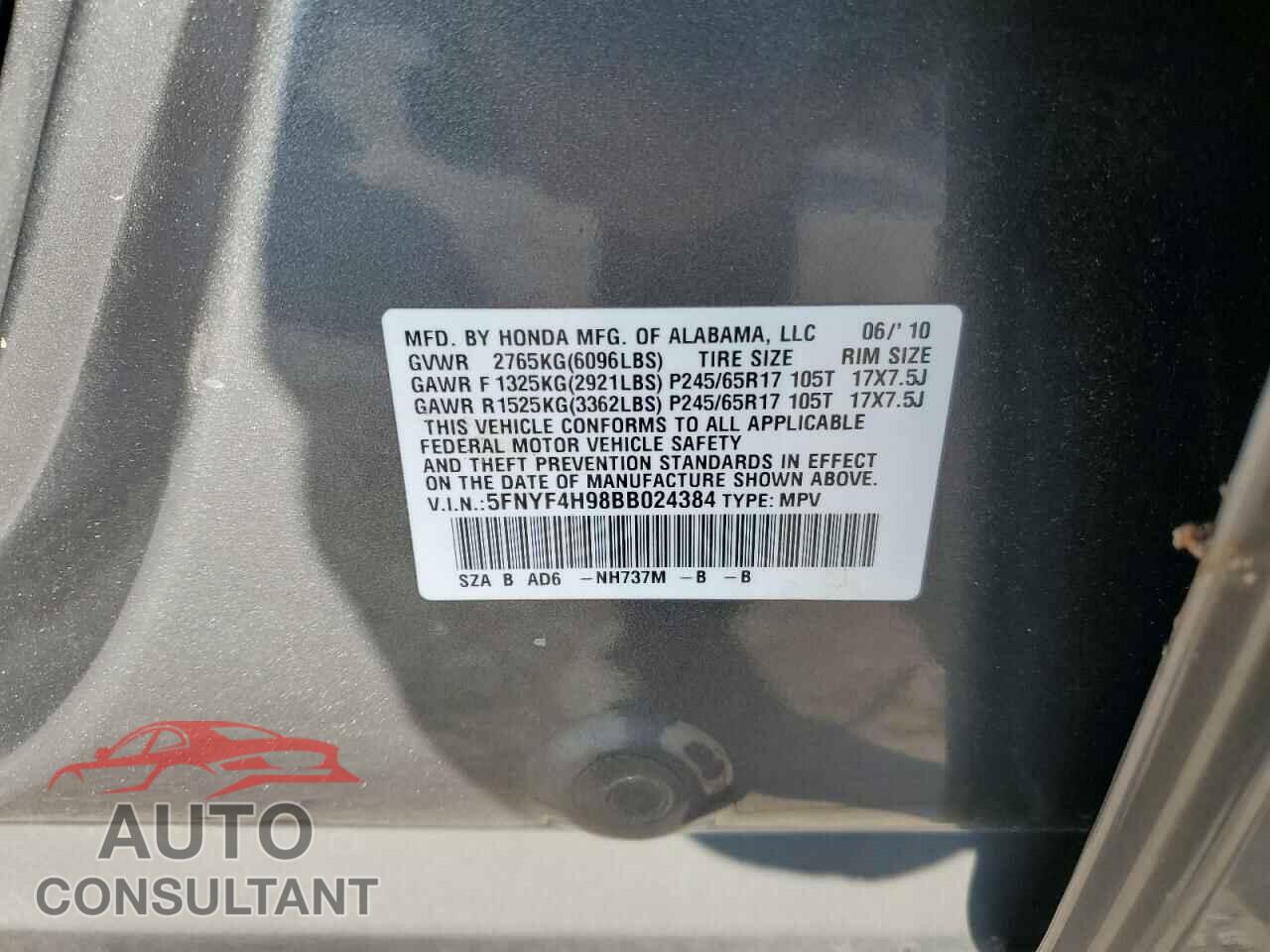 HONDA PILOT 2011 - 5FNYF4H98BB024384