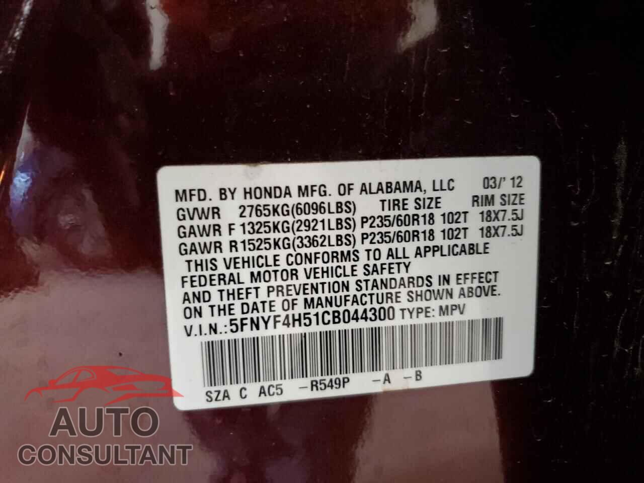 HONDA PILOT 2012 - 5FNYF4H51CB044300
