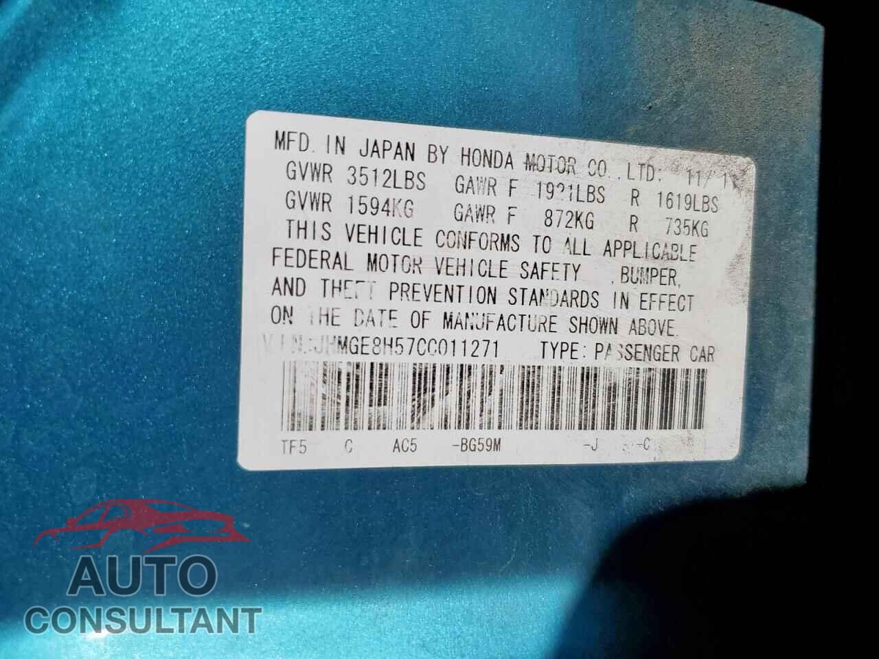 HONDA FIT 2012 - JHMGE8H57CC011271