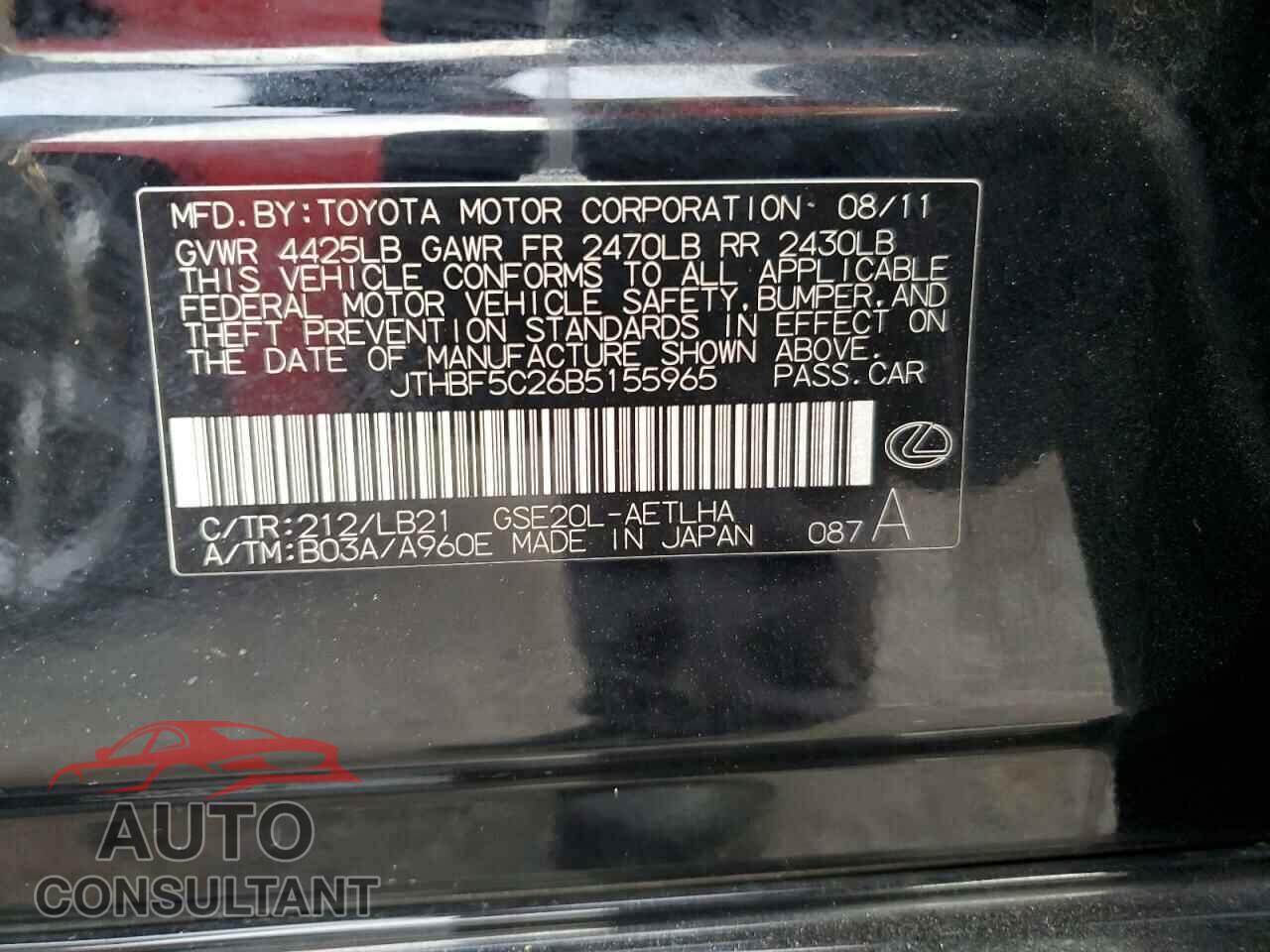 LEXUS IS 2011 - JTHBF5C26B5155965