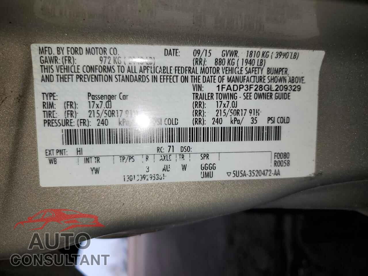 FORD FOCUS 2016 - 1FADP3F28GL209329