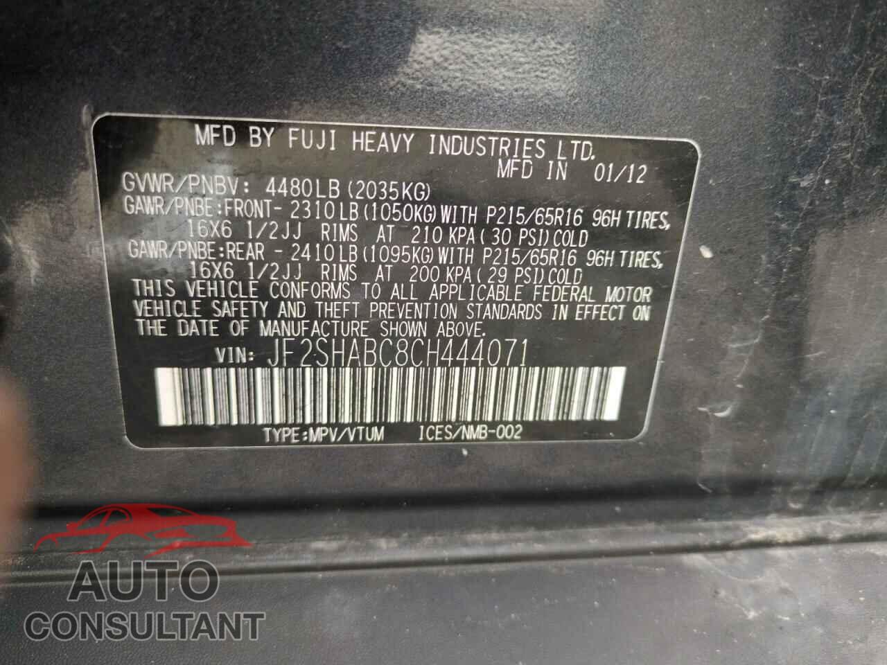 SUBARU FORESTER 2012 - JF2SHABC8CH444071