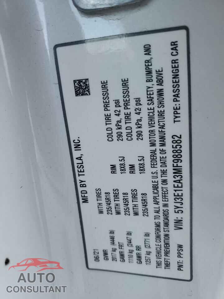 TESLA MODEL 3 2021 - 5YJ3E1EA3MF988582