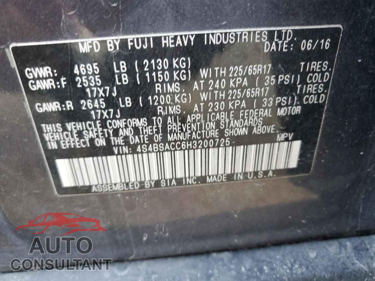 SUBARU OUTBACK 2017 - 4S4BSACC6H3200725