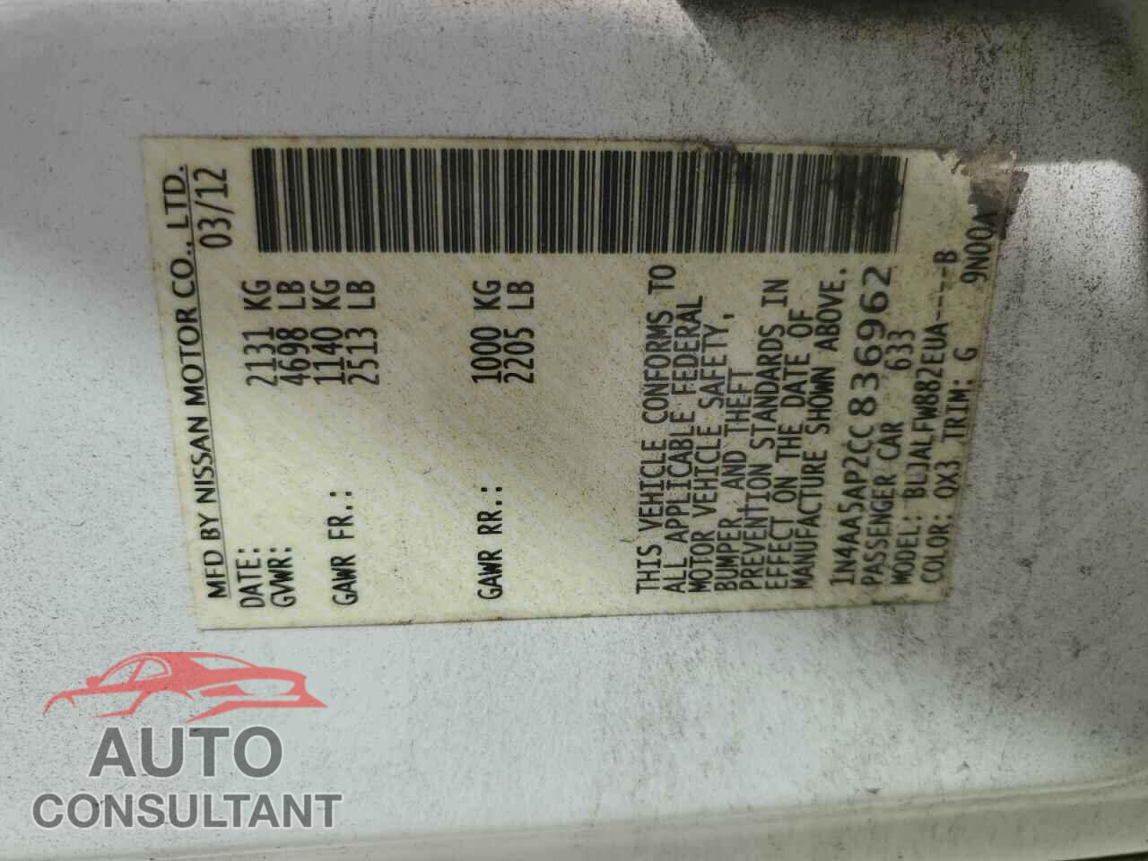 NISSAN MAXIMA 2012 - 1N4AA5AP2CC836962