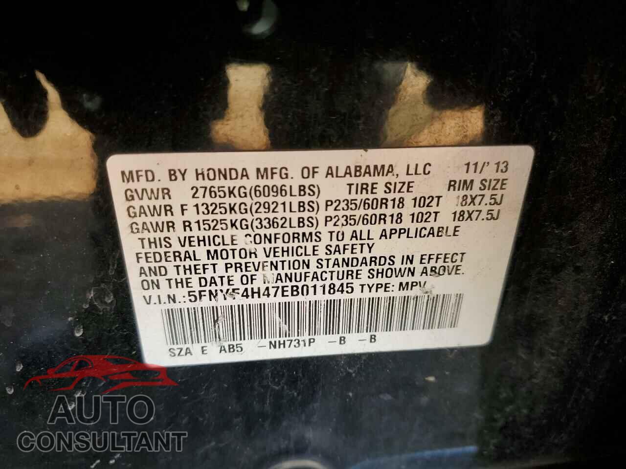 HONDA PILOT 2014 - 5FNYF4H47EB011845