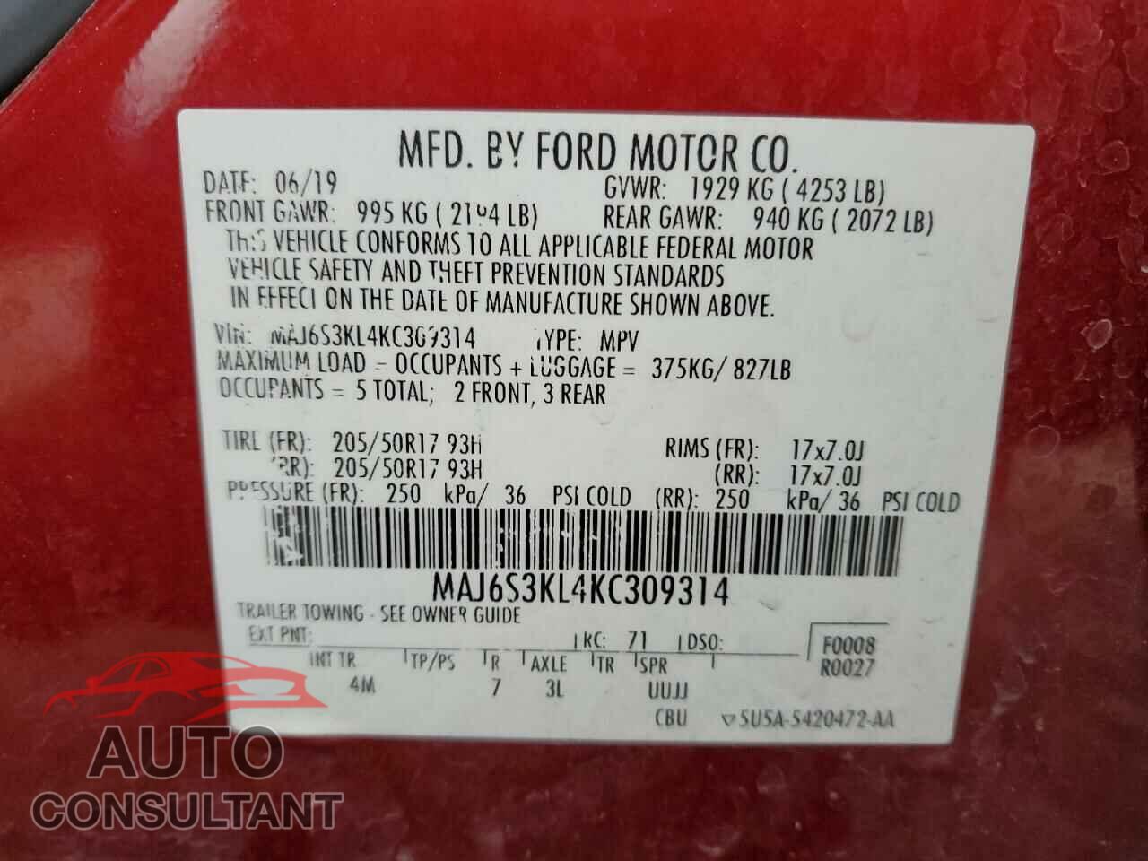 FORD ECOSPORT 2019 - MAJ6S3KL4KC309314