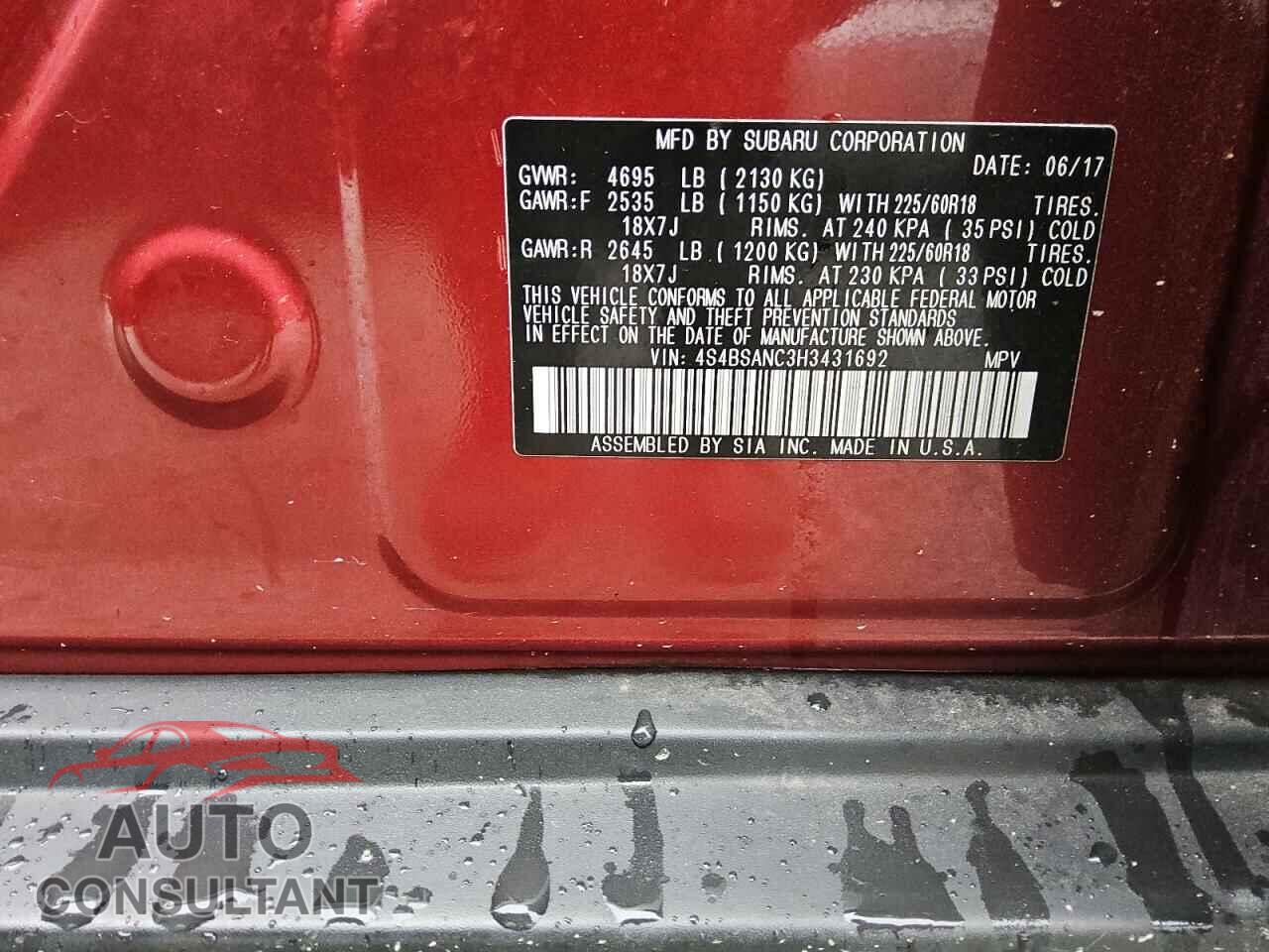 SUBARU OUTBACK 2017 - 4S4BSANC3H3431692