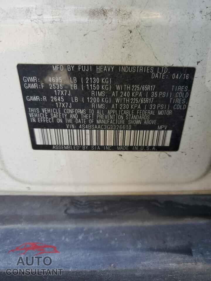 SUBARU OUTBACK 2016 - 4S4BSAAC3G3326610