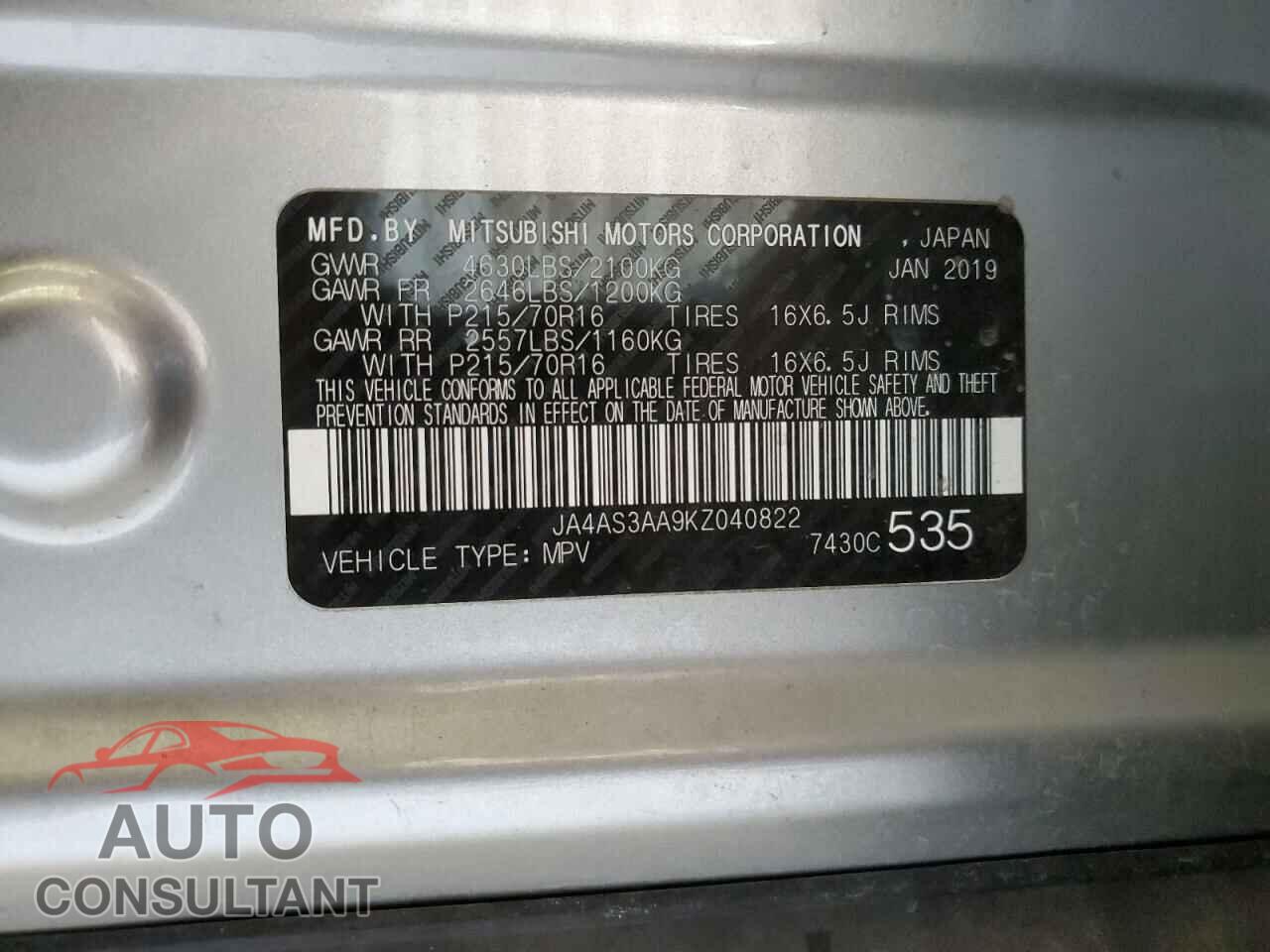 MITSUBISHI ECLIPSE 2019 - JA4AS3AA9KZ040822