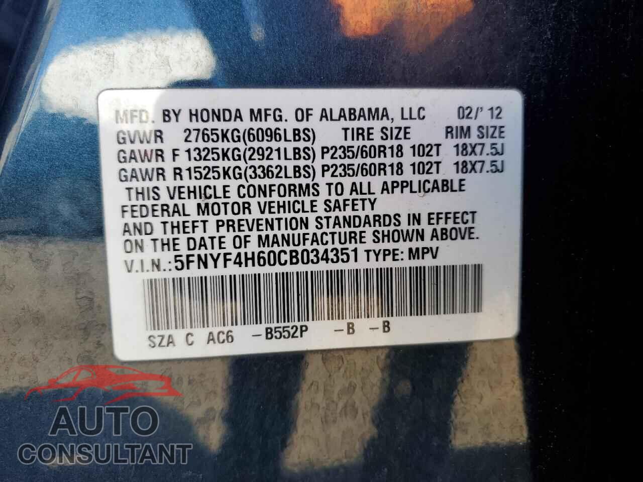HONDA PILOT 2012 - 5FNYF4H60CB034351