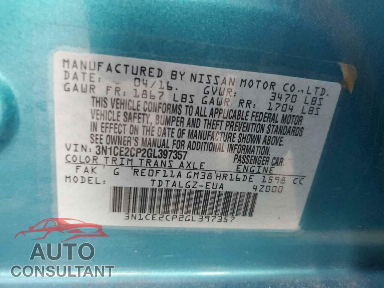 NISSAN VERSA 2016 - 3N1CE2CP2GL397357