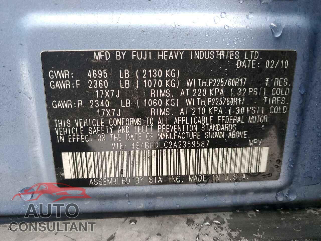SUBARU OUTBACK 2010 - 4S4BRDLC2A2359587