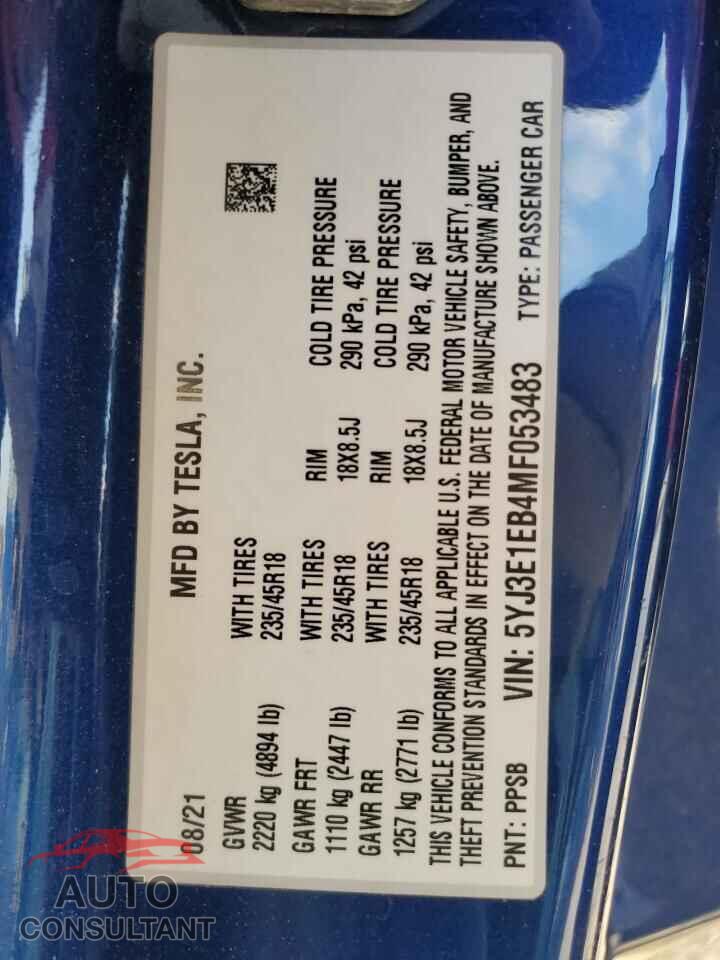TESLA MODEL 3 2021 - 5YJ3E1EB4MF053483