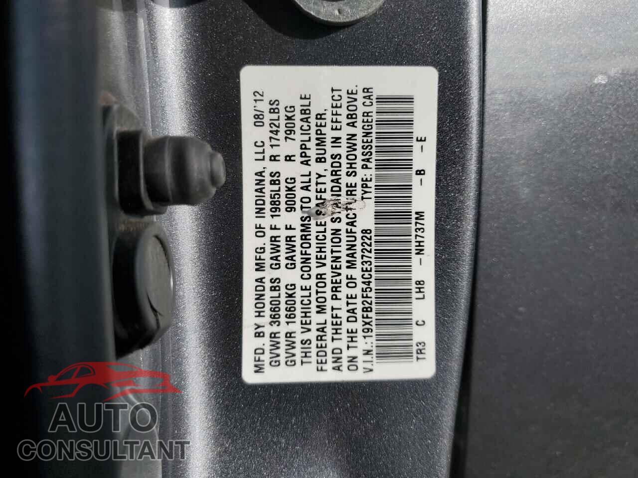 HONDA CIVIC 2012 - 19XFB2F54CE372228
