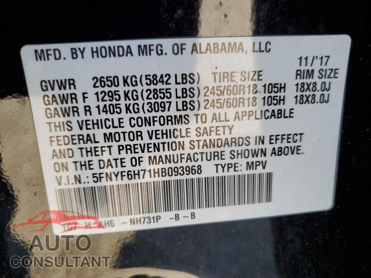 HONDA PILOT 2017 - 5FNYF6H71HB093968