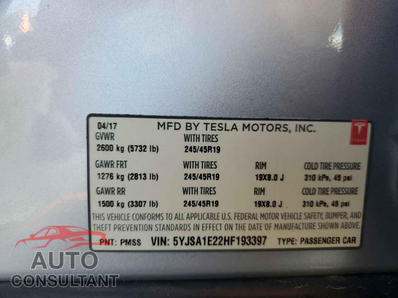 TESLA MODEL S 2017 - 5YJSA1E22HF193397