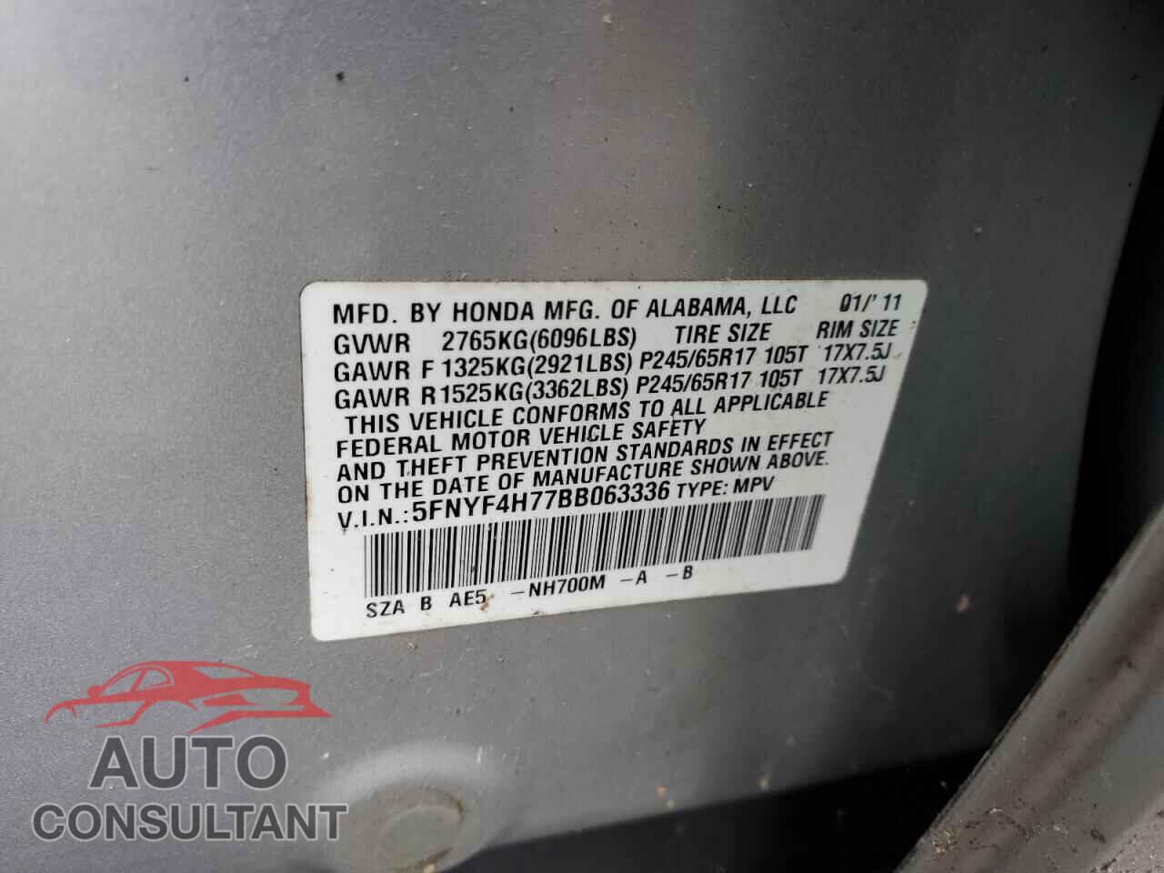 HONDA PILOT 2011 - 5FNYF4H77BB063336