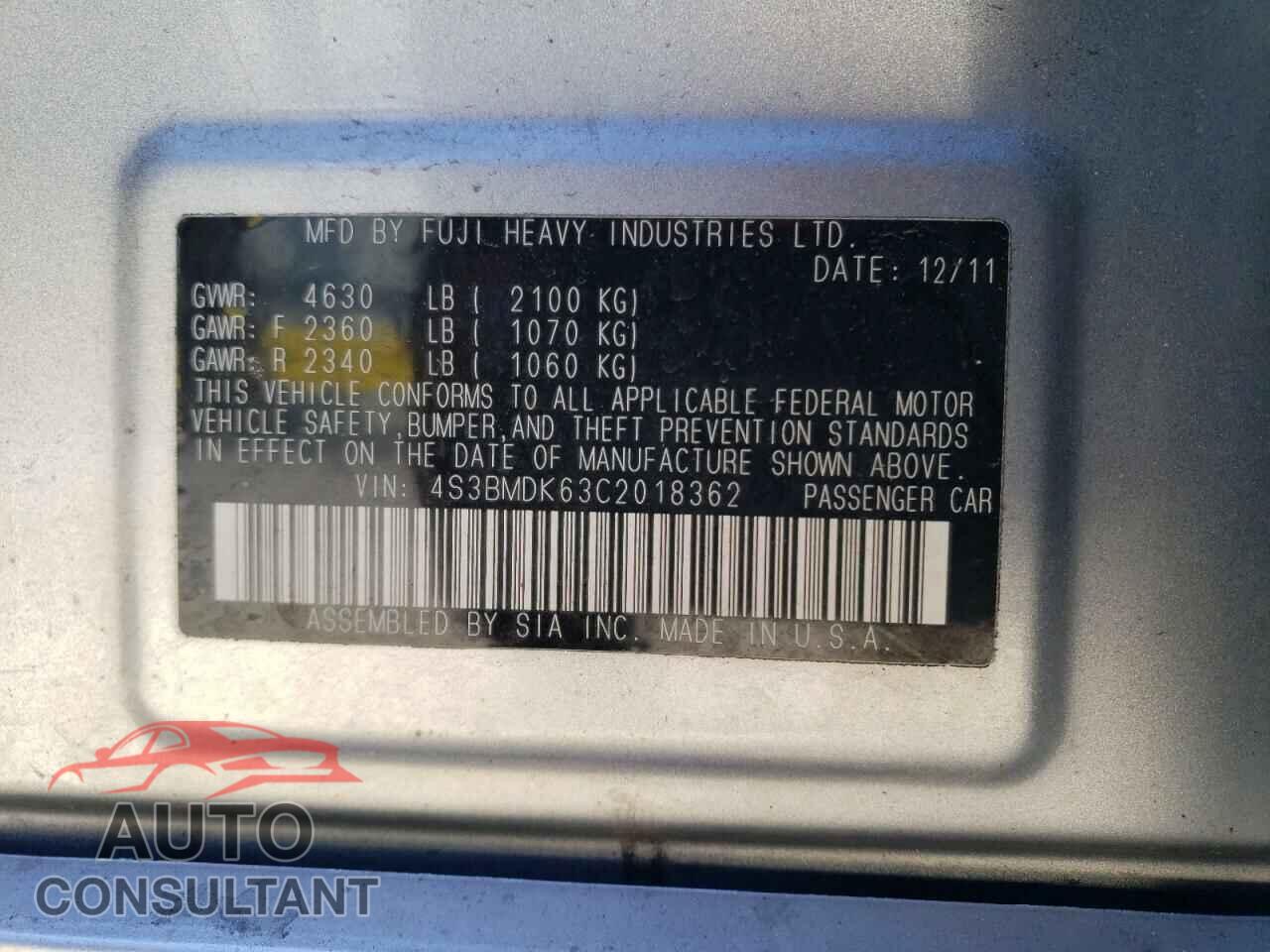 SUBARU LEGACY 2012 - 4S3BMDK63C2018362