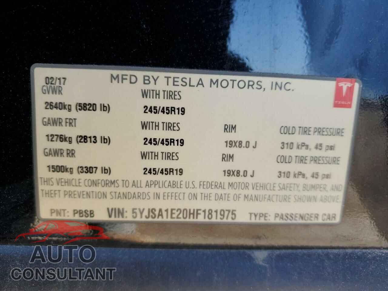 TESLA MODEL S 2017 - 5YJSA1E20HF181975