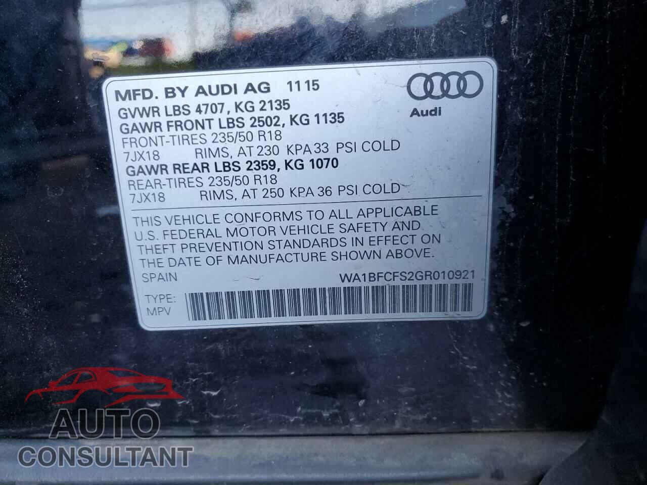 AUDI Q3 2016 - WA1BFCFS2GR010921