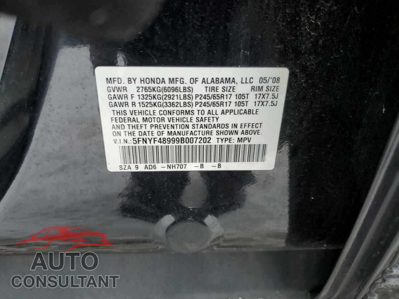 HONDA PILOT 2009 - 5FNYF48999B007202
