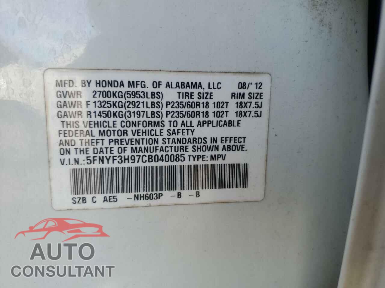 HONDA PILOT 2012 - 5FNYF3H97CB040085