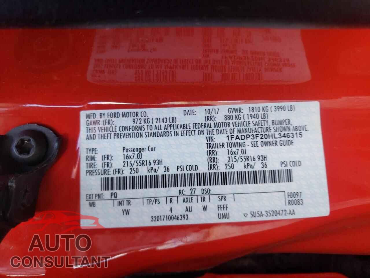 FORD FOCUS 2017 - 1FADP3F20HL346315