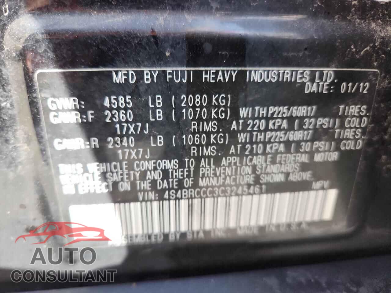 SUBARU OUTBACK 2012 - 4S4BRCCC3C3245461