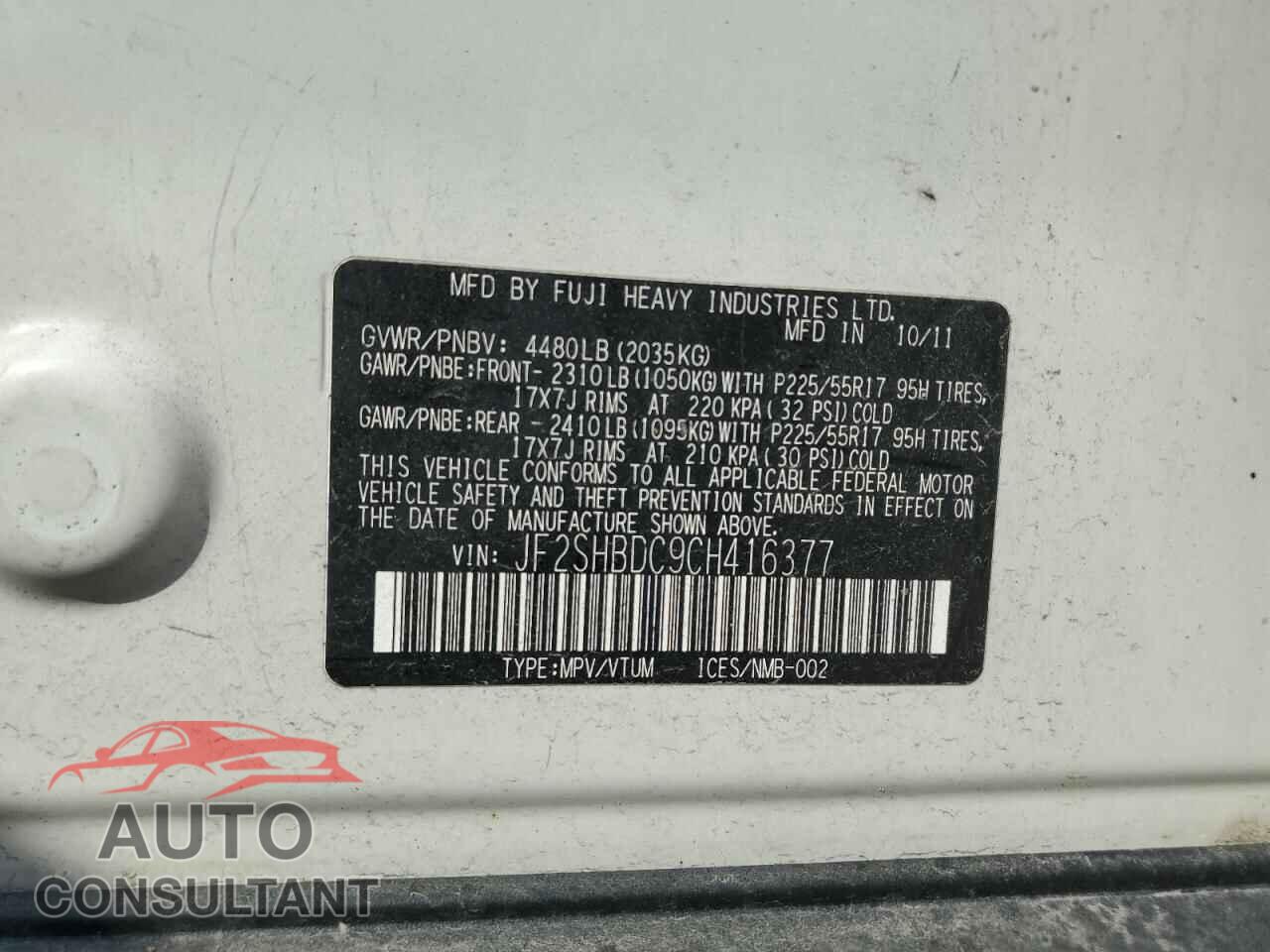 SUBARU FORESTER 2012 - JF2SHBDC9CH416377