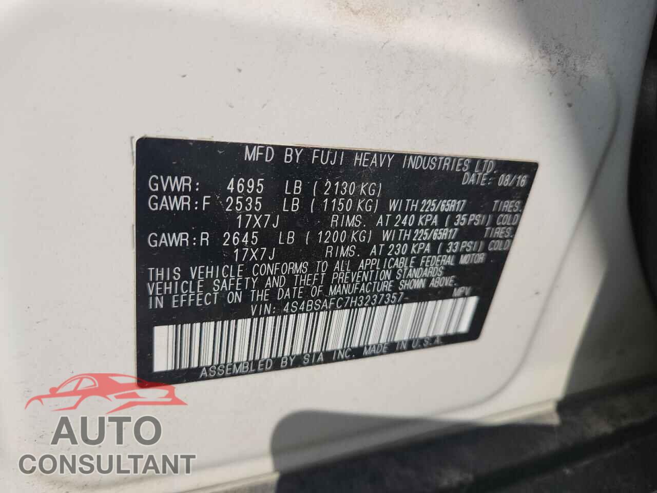 SUBARU OUTBACK 2017 - 4S4BSAFC7H3237357