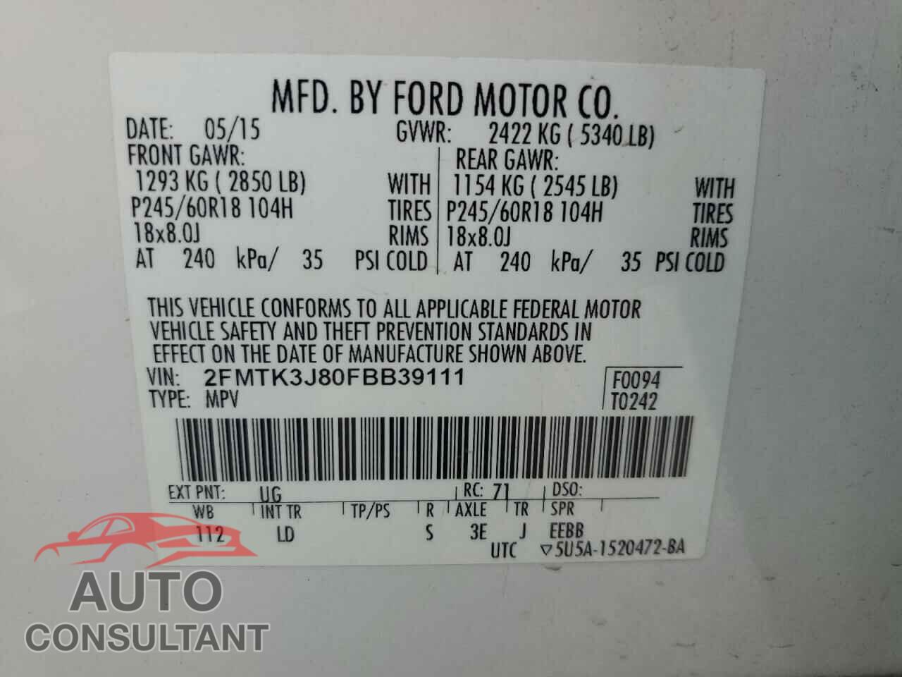 FORD EDGE 2015 - 2FMTK3J80FBB39111
