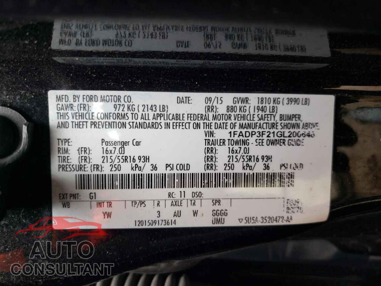 FORD FOCUS 2016 - 1FADP3F21GL200648