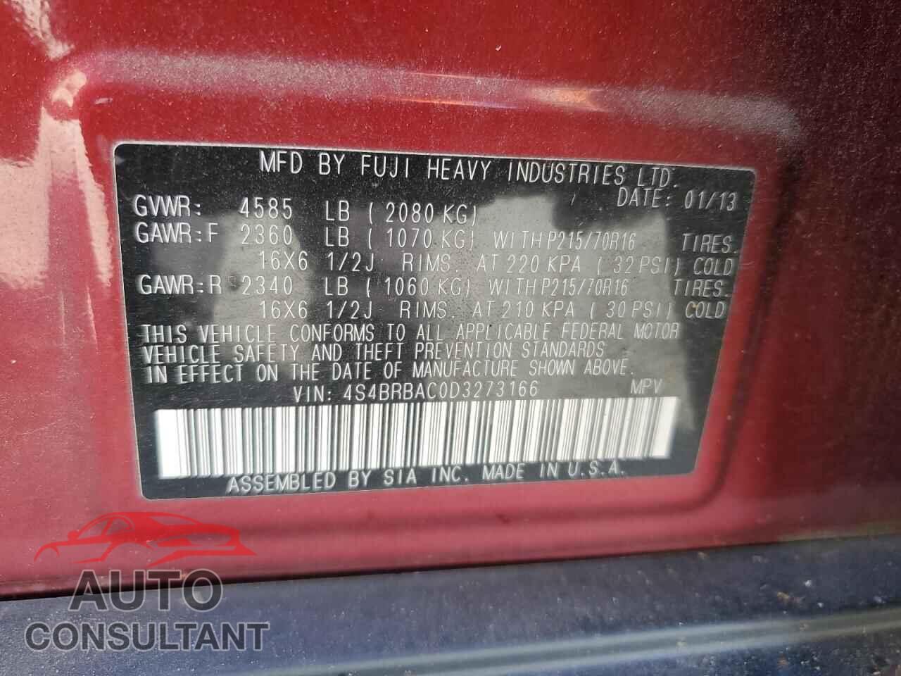 SUBARU OUTBACK 2013 - 4S4BRBAC0D3273166