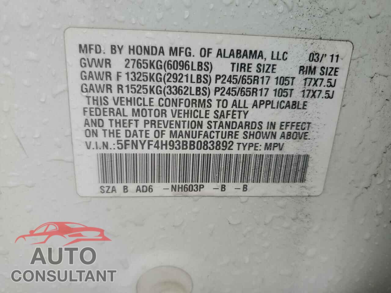 HONDA PILOT 2011 - 5FNYF4H93BB083892