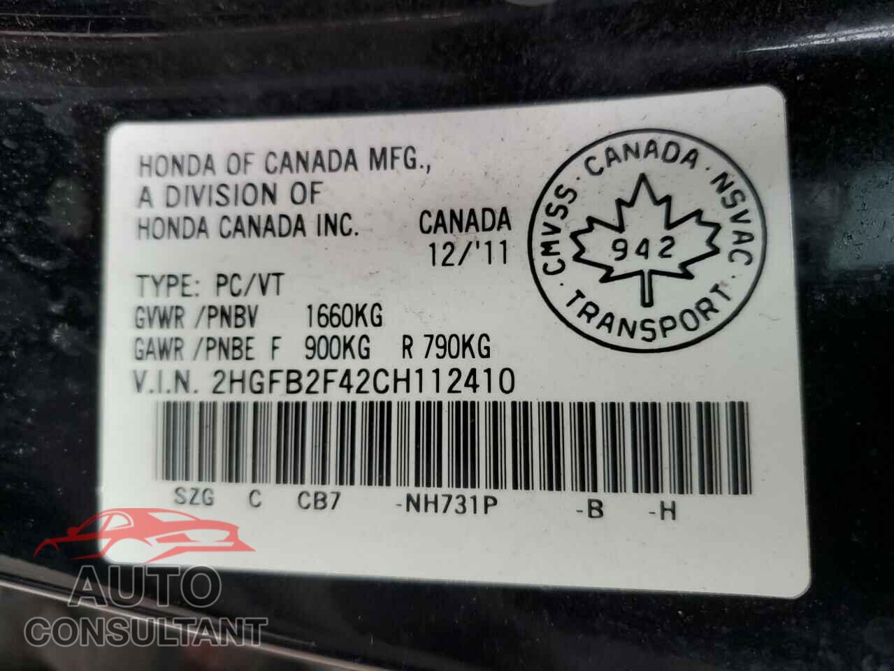 HONDA CIVIC 2012 - 2HGFB2F42CH112410