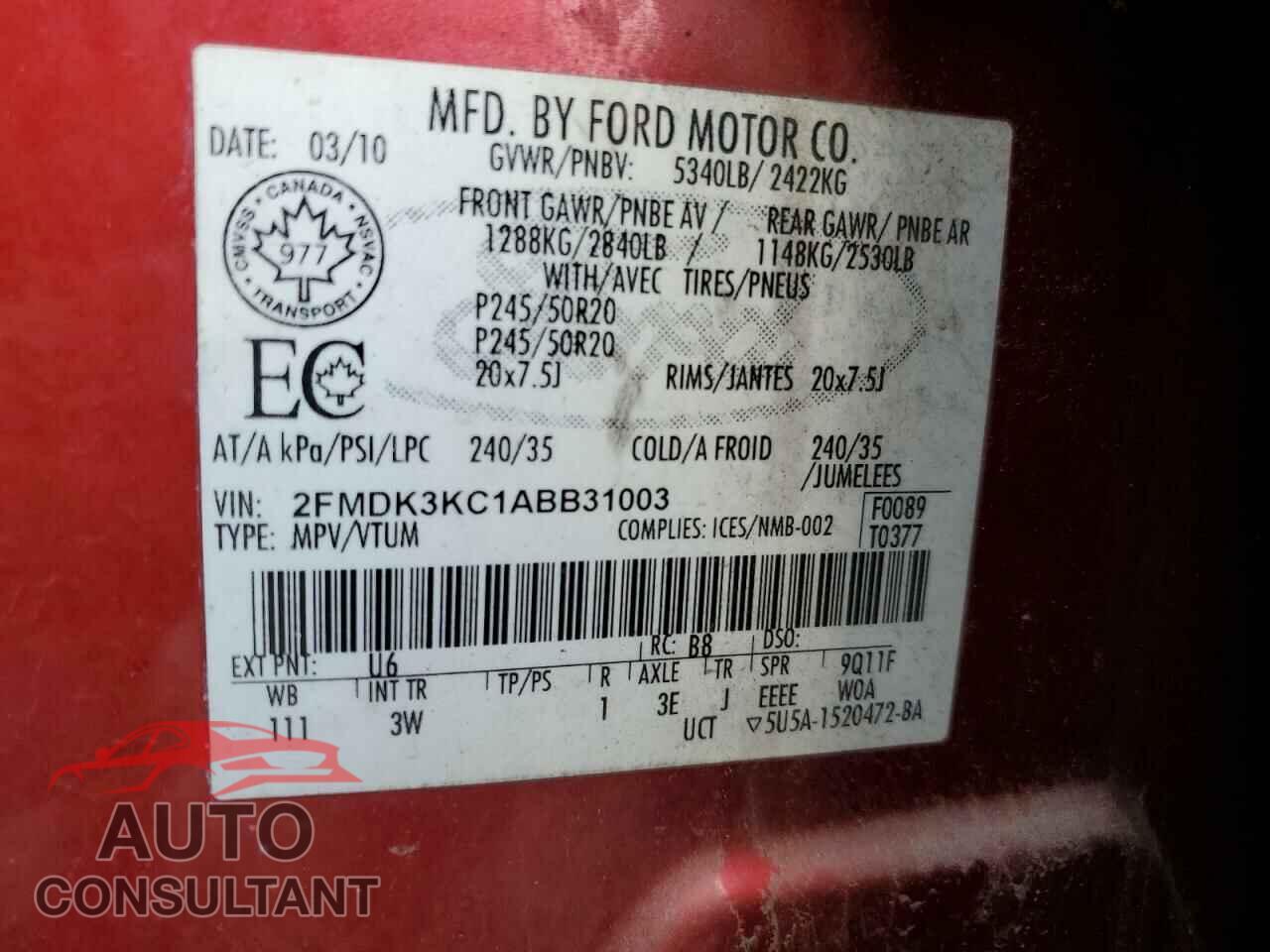 FORD EDGE 2010 - 2FMDK3KC1ABB31003
