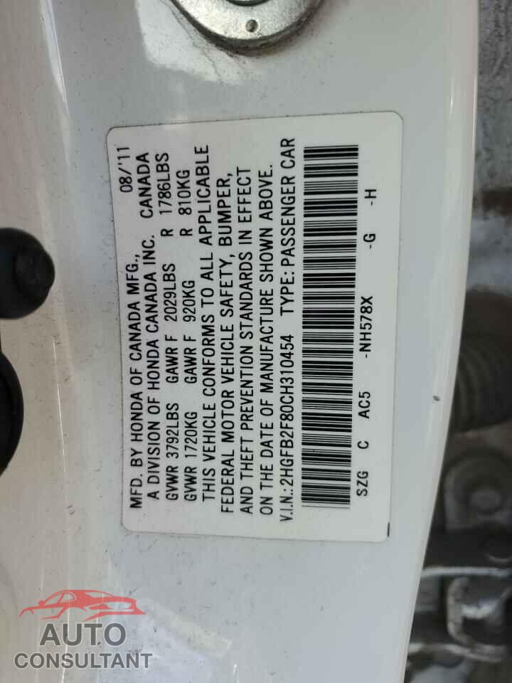 HONDA CIVIC 2012 - 2HGFB2F80CH310454
