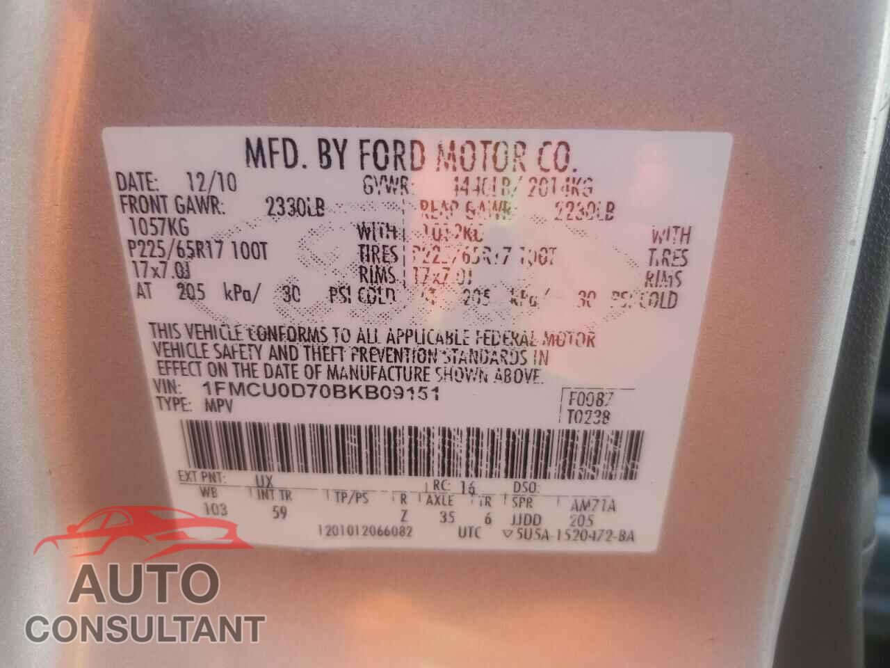 FORD ESCAPE 2011 - 1FMCU0D70BKB09151