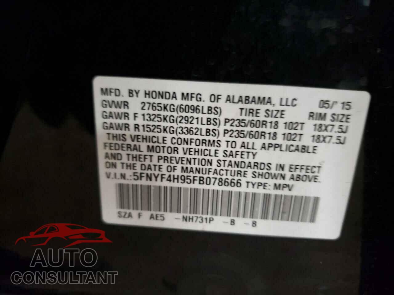 HONDA PILOT 2015 - 5FNYF4H95FB078666