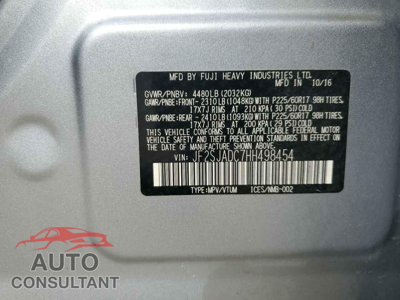 SUBARU FORESTER 2017 - JF2SJADC7HH498454