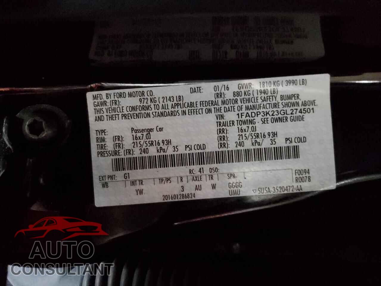 FORD FOCUS 2016 - 1FADP3K23GL274501