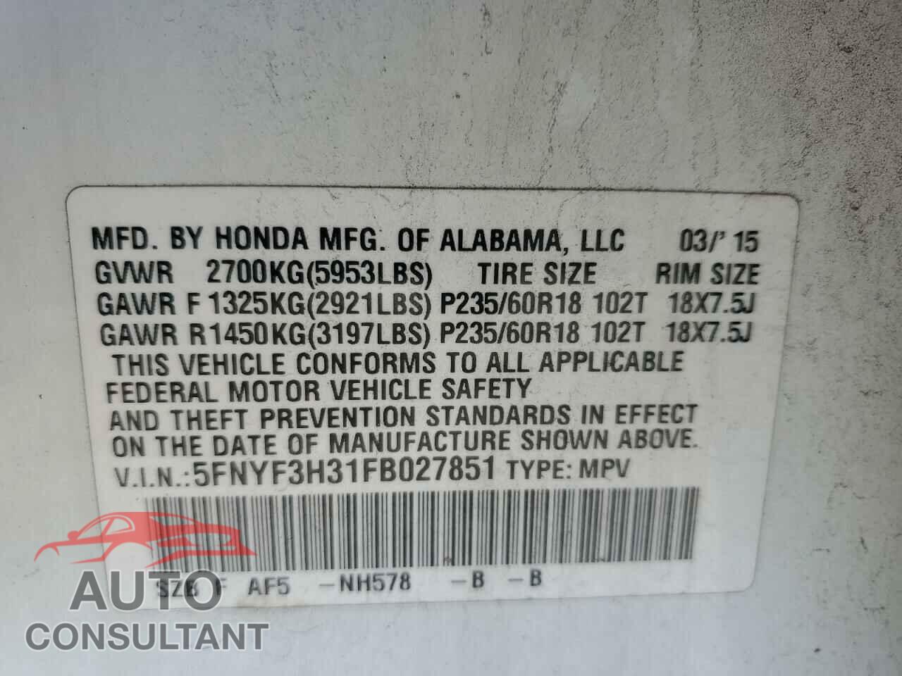 HONDA PILOT 2015 - 5FNYF3H31FB027851