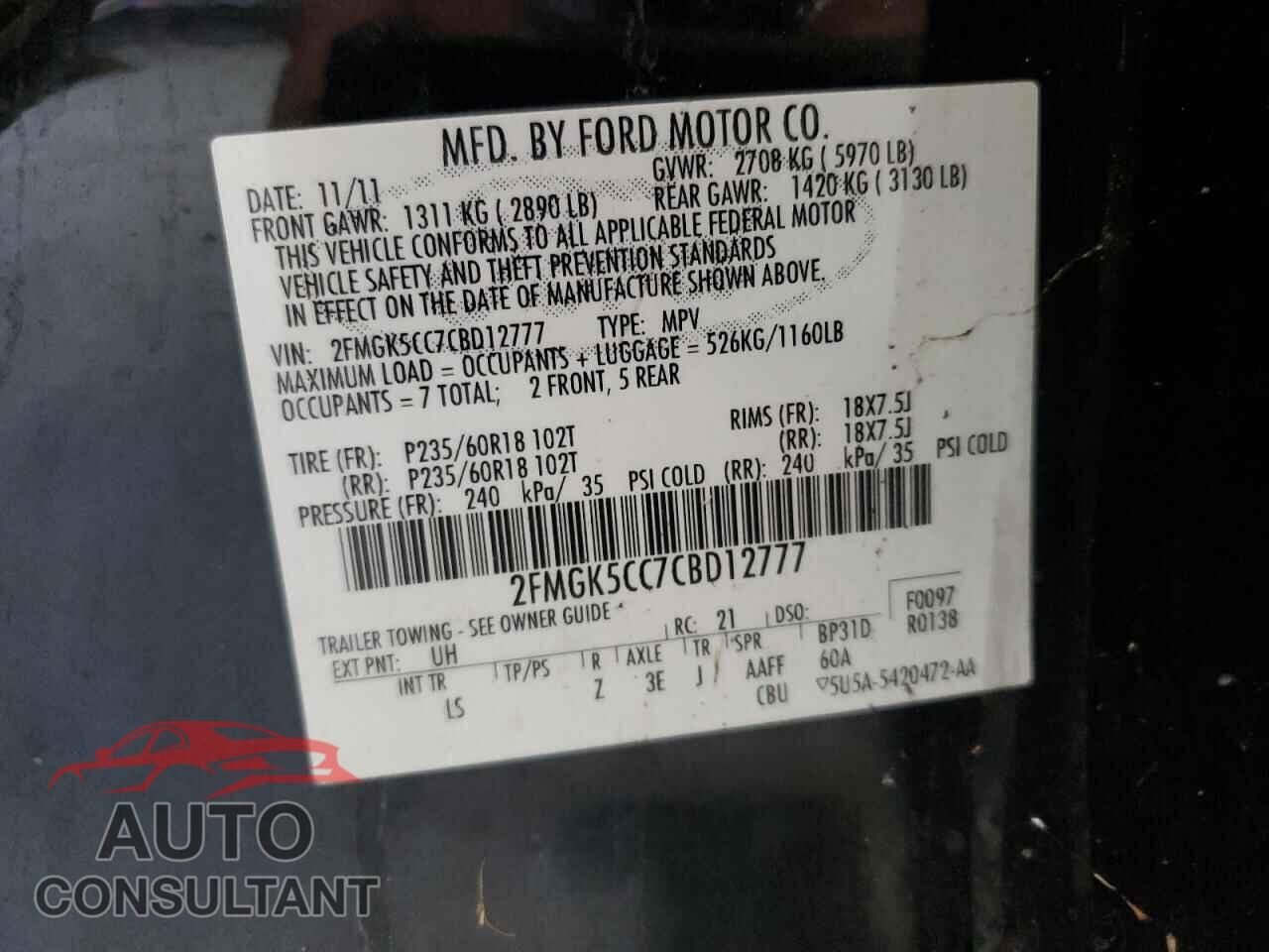 FORD FLEX 2012 - 2FMGK5CC7CBD12777