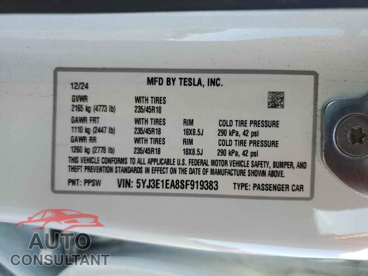 TESLA MODEL 3 2025 - 5YJ3E1EA8SF919383