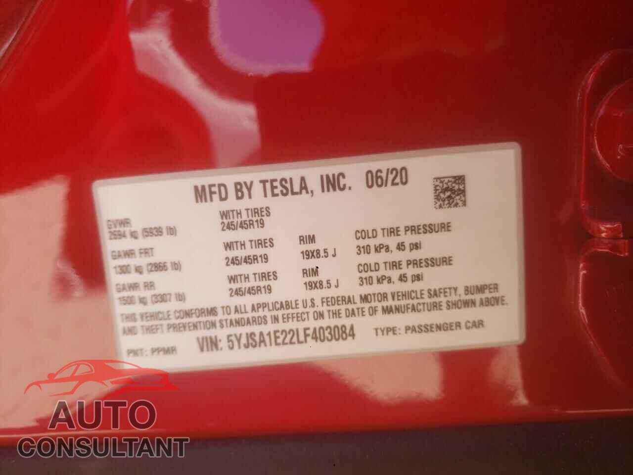 TESLA MODEL S 2020 - 5YJSA1E22LF403084